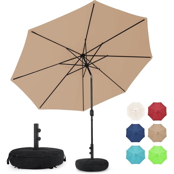 9FT Patio Umbrella with Sand Bag Umbrella Base, Outdoor Umbrella with Tilt and Crank, Tan