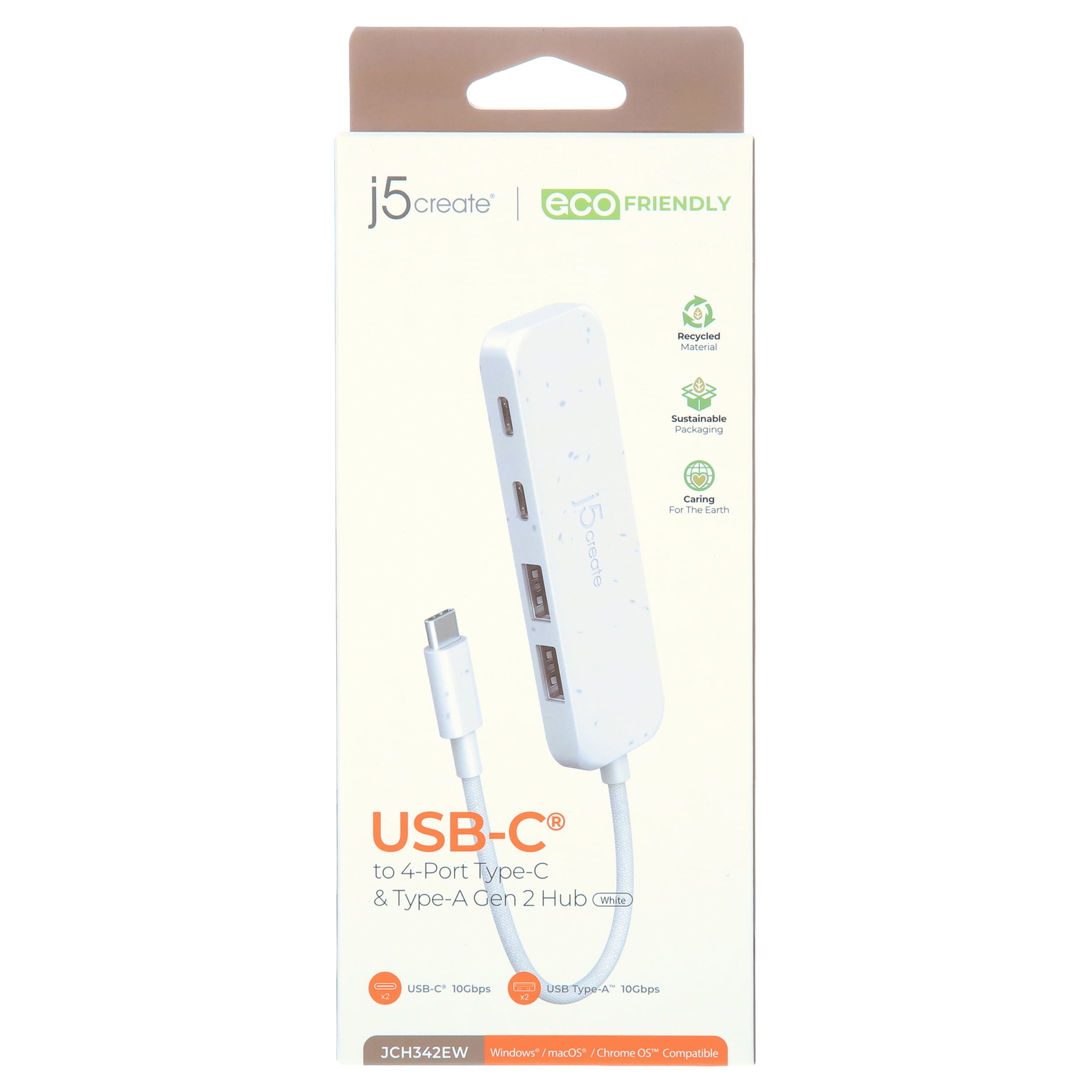 j5create, Eco-Friendly USB-C to 4-Port Type-C & Type-A Gen 2 Hub, JCH342EW