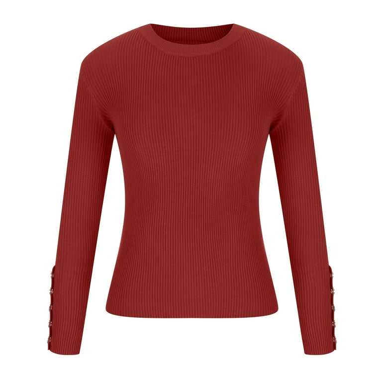 REORIAFEE Womens 2022 Cute Elegant Soft Cable Knit Pullover Sweaters Autumn  Winter Button Round Neck Long Sleeve Sweater Red L