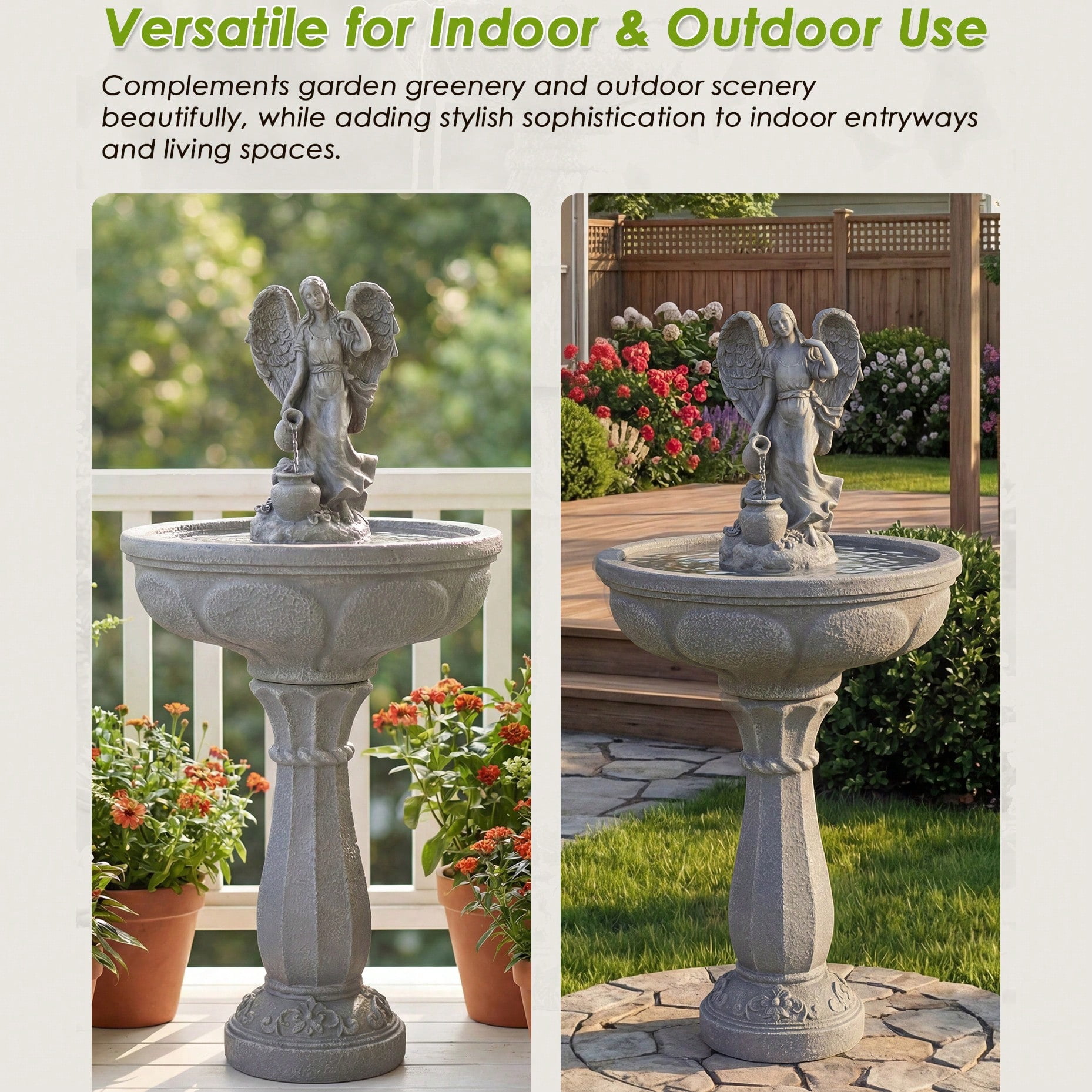 37 Inch Angel Statue Pedestal Water Fountain, 2-Tier Resin Outdoor Waterfall Fountain, UV & Weather Resistant, Auto Water Shortage Shutoff, Stable Anti-Splash Design for Yard Lawn Decor
