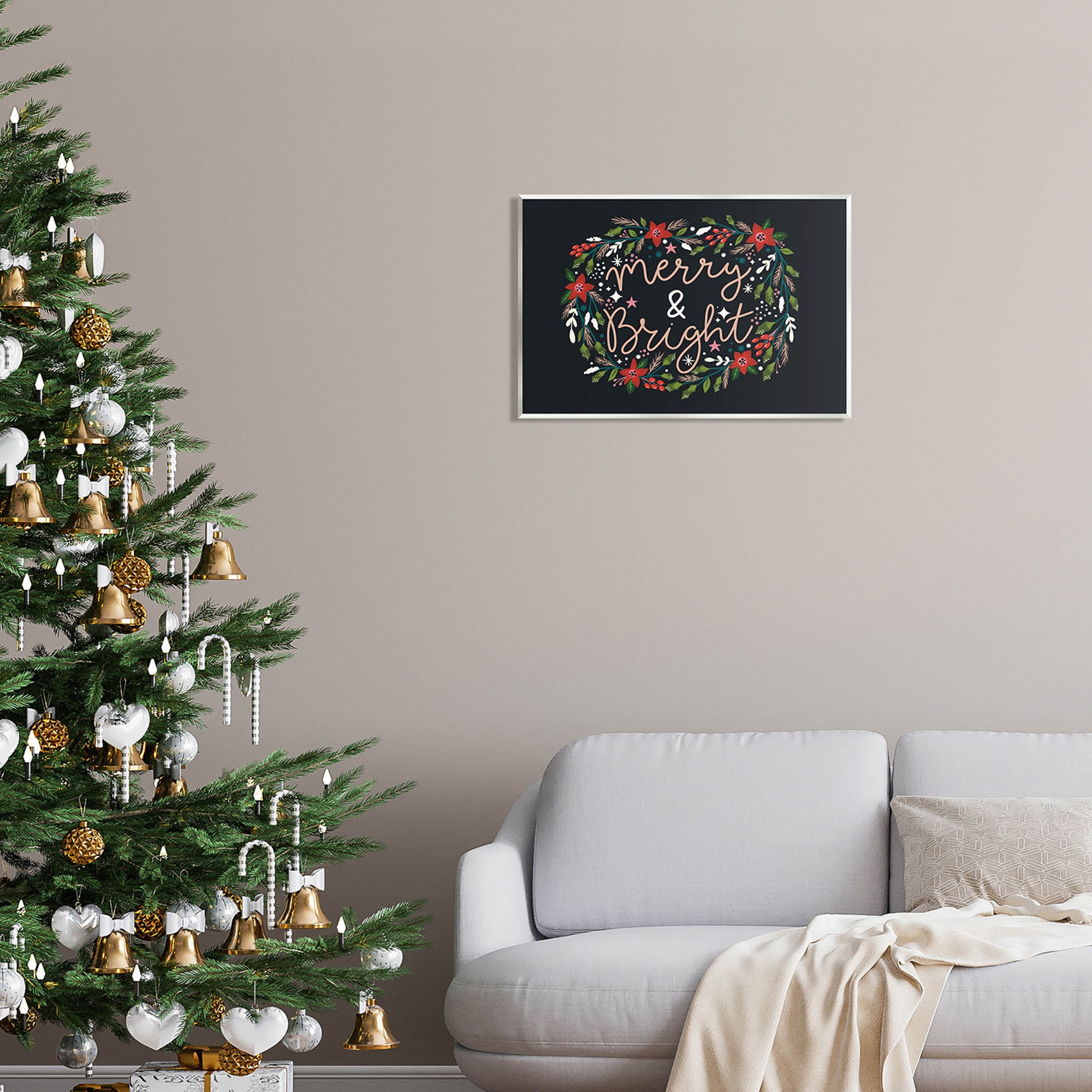 Merry & Bright Poinsettia Wreath Holiday Graphic Art Unframed Art Print Wall Art