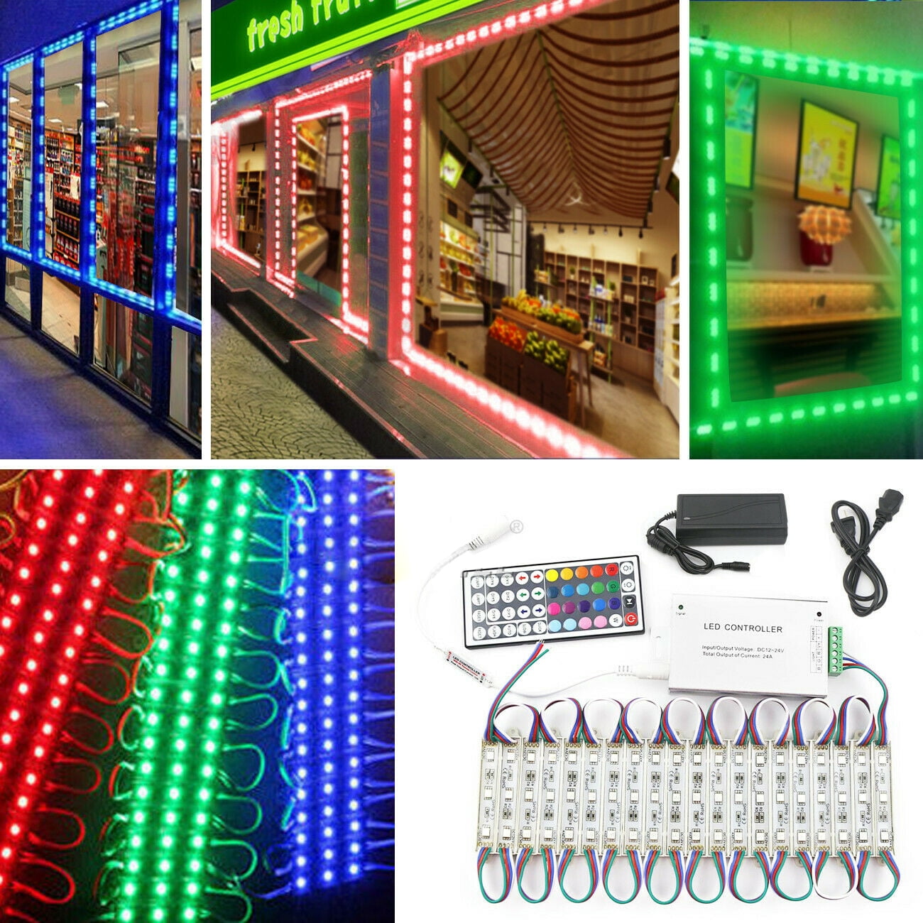 US 50~100FT 5050 SMD 3 LED Module STORE FRONT Window Light Strip Remote+Power 