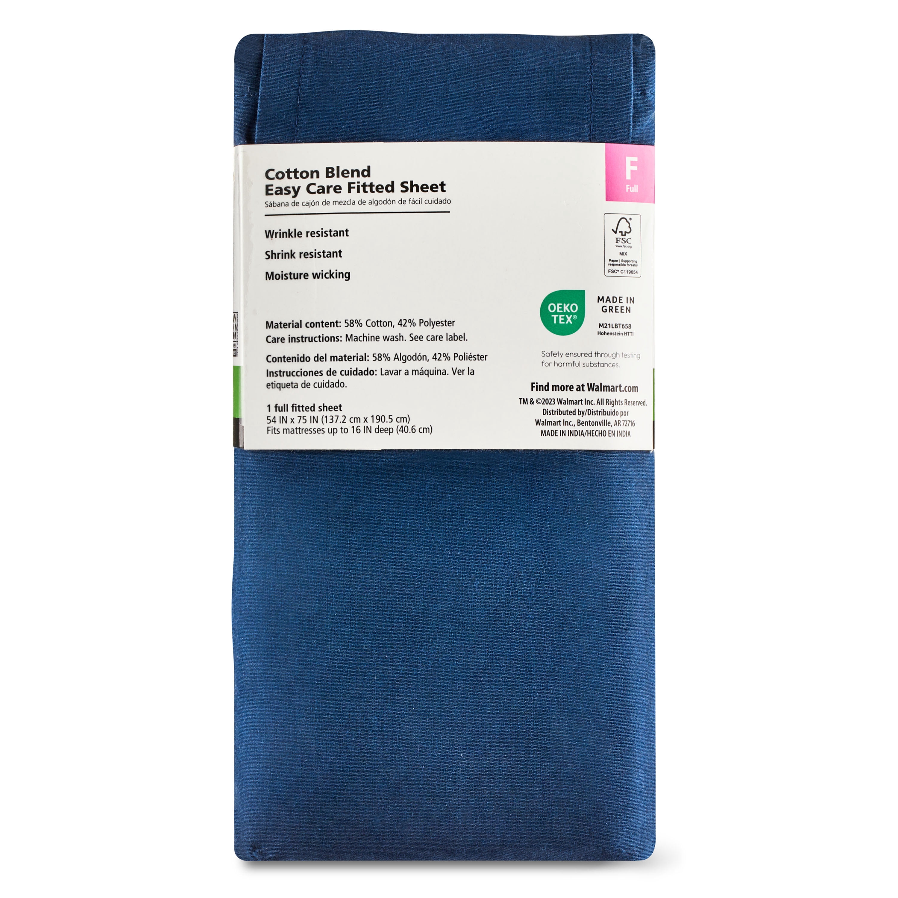 Mainstays 300 Thread Count Easy Care Blue Cove Cotton Blend Percale Fitted Bed Sheet, Full