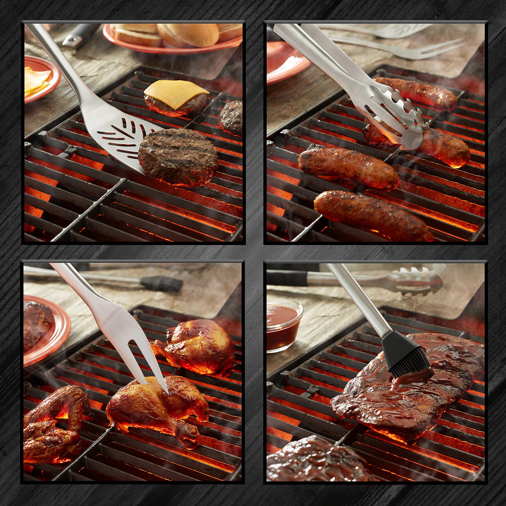 Pure Grill 4pc Stainless Steel BBQ Tool Utensil Set with Fork, Spatula, Tongs, and Basting Brush