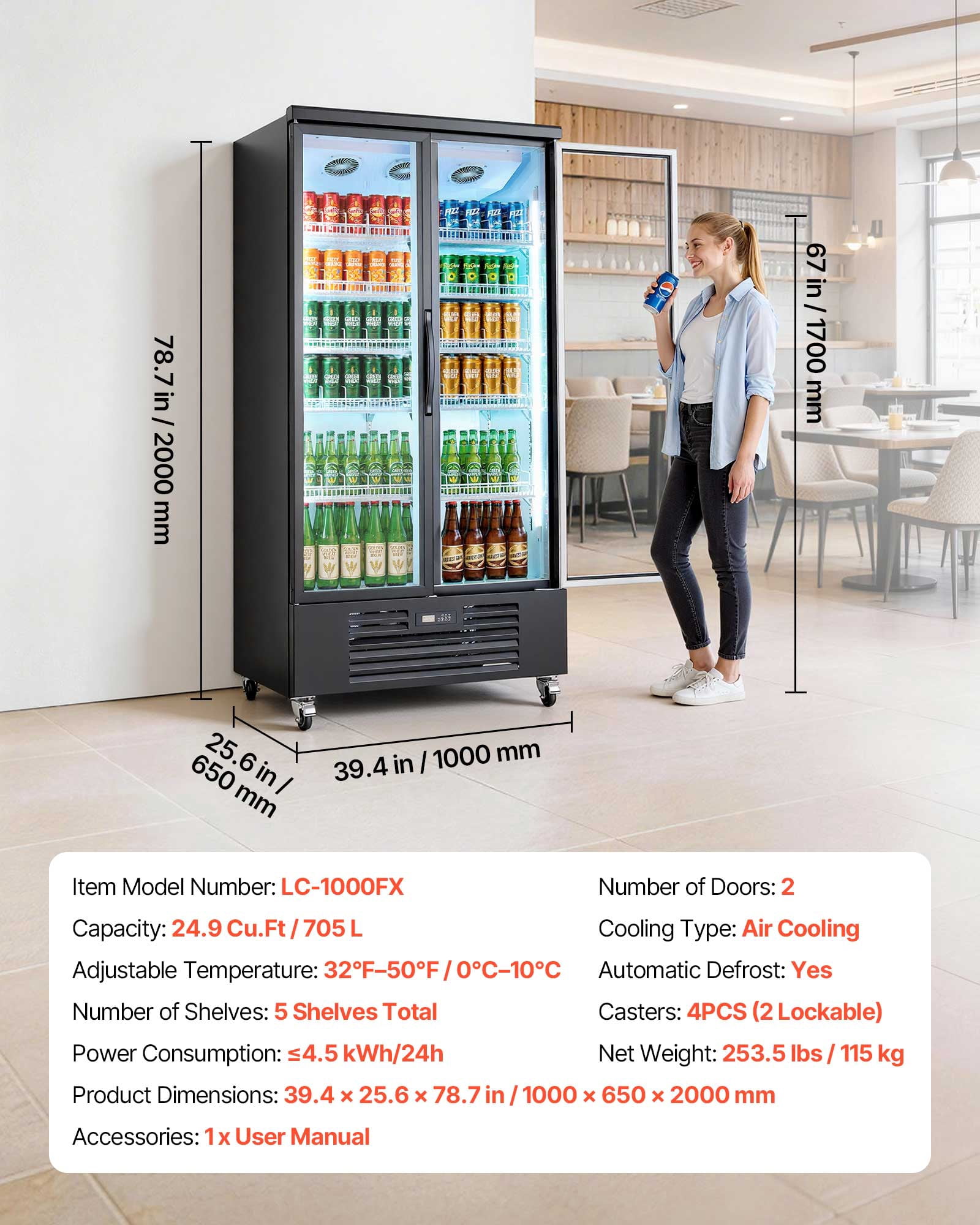 VEVOR Commercial Merchandiser Refrigerator, 24.9 Cu.Ft / 705L Upright Beverage Cooler, 2 Glass Door Display Refrigerator with 5 Adjustable Shelves,Soft LED Light & Casters for Bars Shops Supermarkets