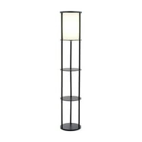 Round Floor Lamp - 62.5" Tall, Black Frame, White Shade, Storage Shelves