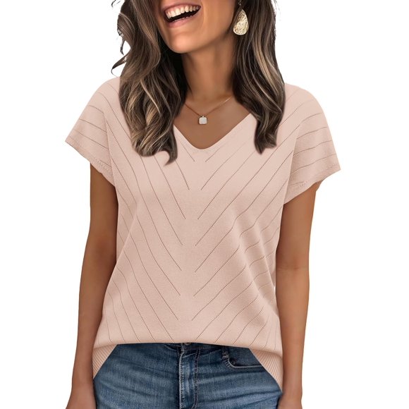 Suéter WIHOLL de manga corta, cuello en V, ligero, color albaricoque, talla M