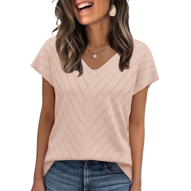 Suéter WIHOLL de manga corta, cuello en V, ligero, color albaricoque, talla M