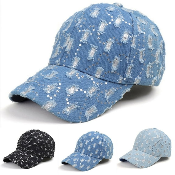 UTSJKR Unstructured Distressed Baseabll Cap Unisex Soft Dad Hat Shiny Rhinestone Adjustable Low Profile Headwear Ball Caps Light Blue