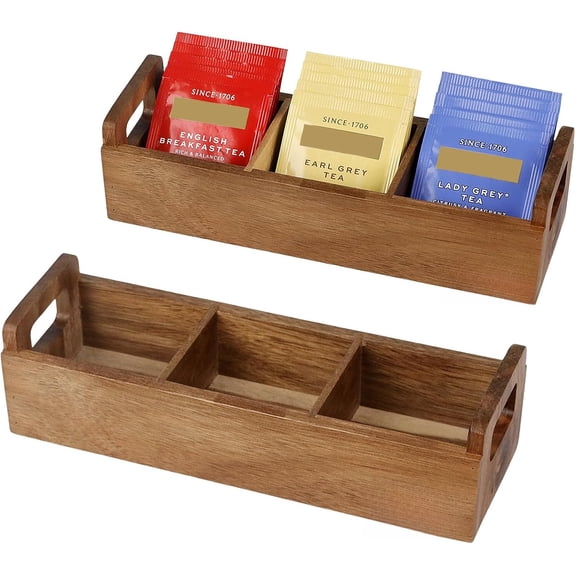 Small Wooden Tea Bag Box 2PCS, 3 Compartments Acacia Wood Tea Bag Chest with Handle, Mini Countertop Divided Storage Container for Beverage Supplies, Sugar, Sweeteners, Individual Packets