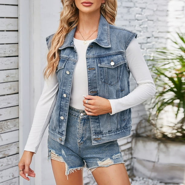 Chaqueta vaquera sin mangas y chaquetas de moda para mujer, primavera y verano, sin mangas, sin sombrero, chaqueta vaquera, abrigo para mujer