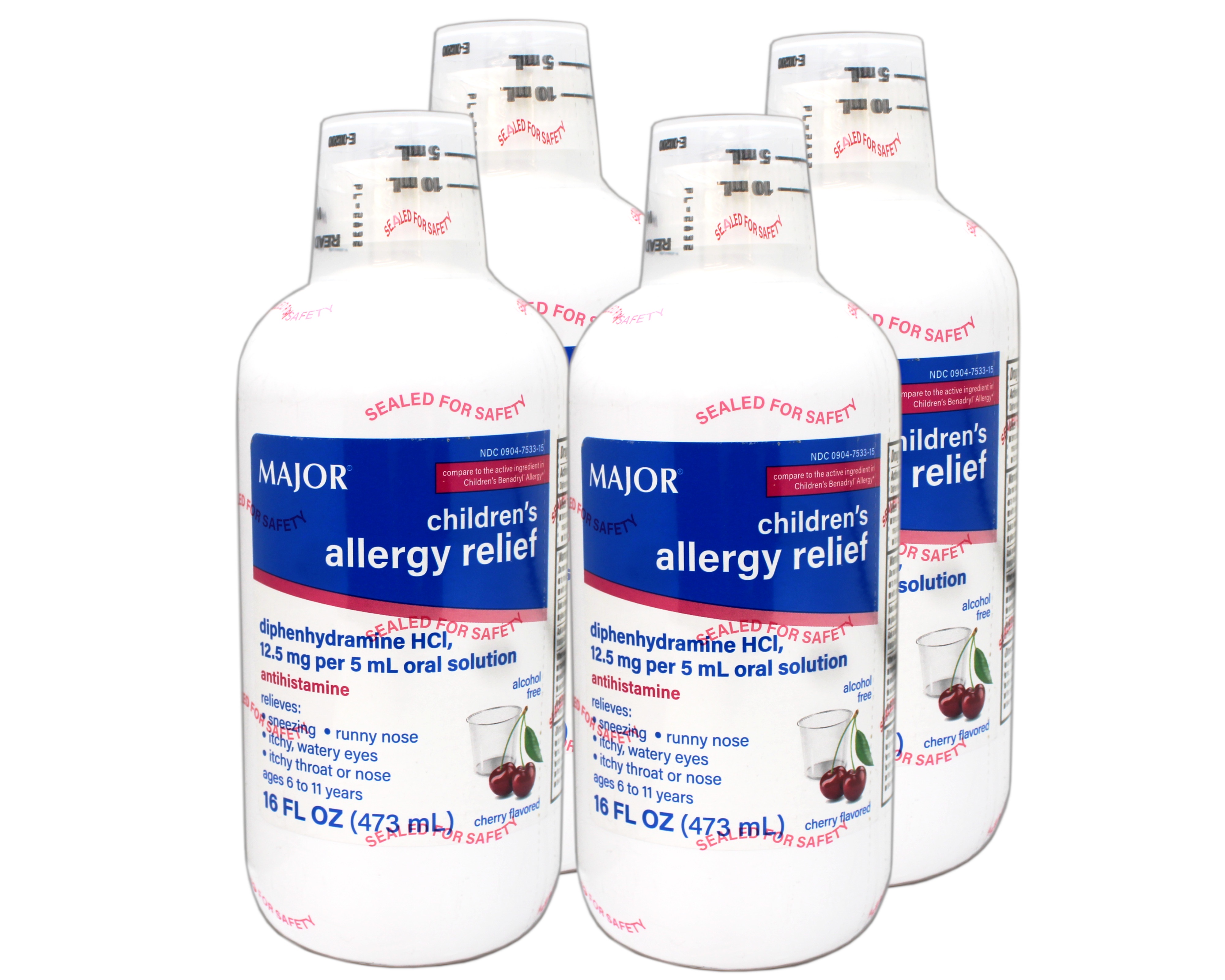 Major Children's Allergy Relief Diphenhydramine HCI 12.5mg/5 mL Oral Solution, Cherry Flavored, 16 FL OZ - 4 Pack