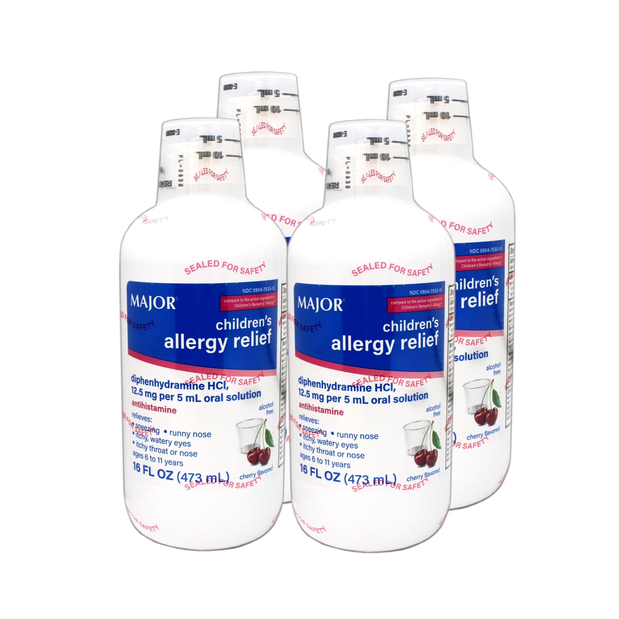 Major Children's Allergy Relief Diphenhydramine HCI 12.5mg/5 mL Oral Solution, Cherry Flavored, 16 FL OZ - 4 Pack
