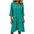 thumbnail image 4 of Ohufall Dress Women Cotton Linen Button V Neck 3/4 Sleeve Midi Dress Pocket Pleated Solid Color Fashion Dresses, 4 of 4