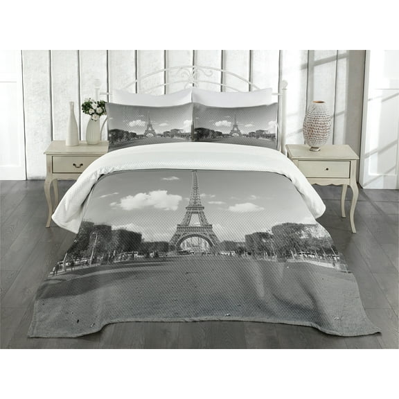 Ambesonne Eiffel Tower Quilted Bedspread Set 3 Pcs, Tourist Attraction, King Size, Grey