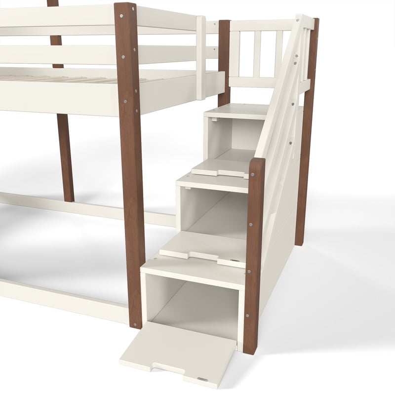 Twin-Over-Twin Kids House Bed Frame with Storage Stairs & Bottom Floor Bed, Playhouse Bunk Bed with Roof & Window