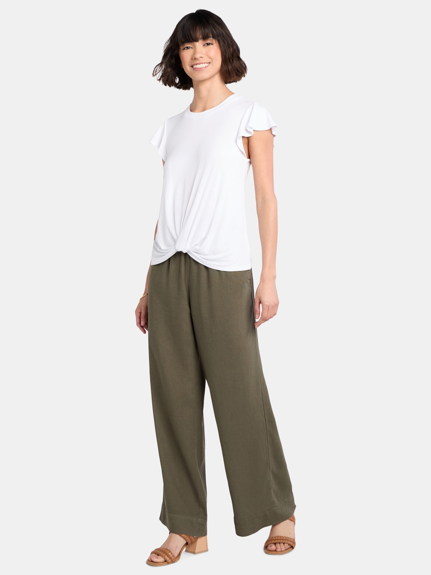 Time and Tru Women's Crew Neck Short Sleeve Flutter Twist Top, Sizes XS-XXXL