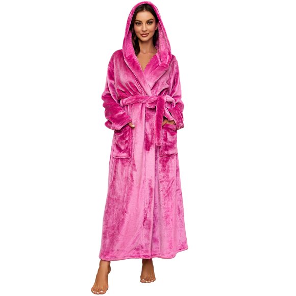 HEARTNICE Womens Fleece Hooded Robe, Soft Full Length Thick Plush Bathrobe House Coat,(Rose,L-XL)