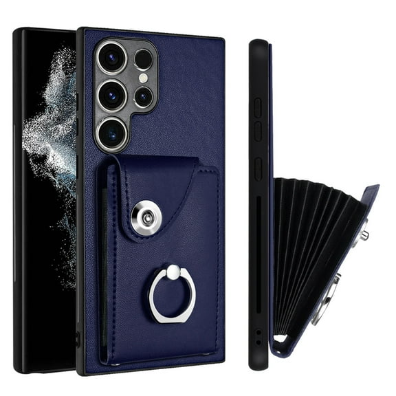 Compatible for Samsung Galaxy S24 Ultra Case with Card Holder, Wallet Case for Women Men with Rotation Finger Ring Stand, Accordion Style PU Leather Shockproof Case for Galaxy S24 Ultra, Blue