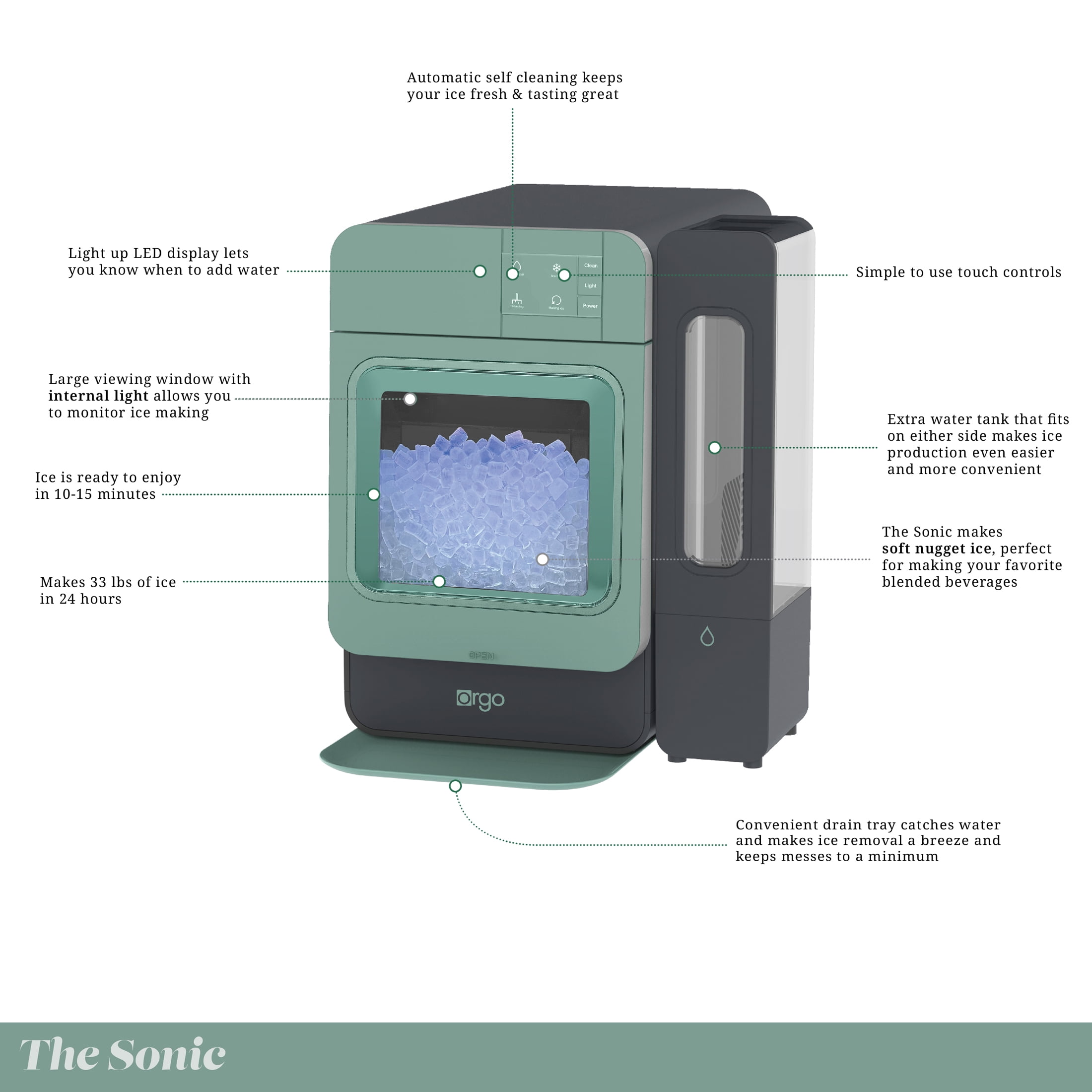 Orgo Sonic Countertop Ice Maker 33 lbs “Capacity” Nugget Ice Maker, Stainless Steel