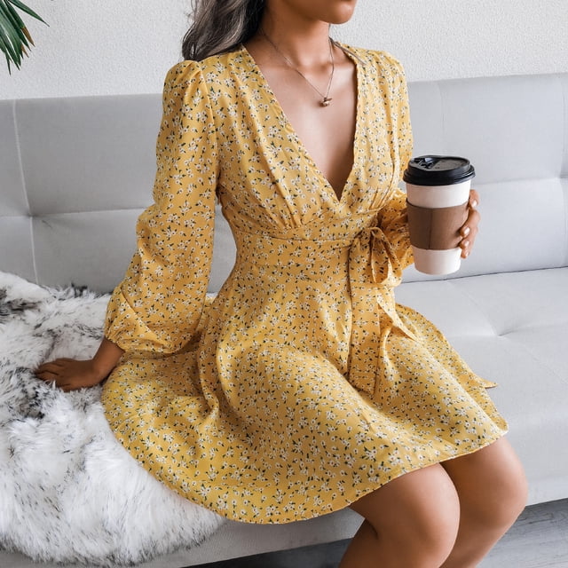 2038259 Tunique à Col en V pour Femmes avec Nœud Imprimé en Chiffon Floral Robe à Manches Longues