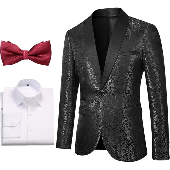 Mens Floral Tuxedo Jacket White Dress Shirt and Burgundy Bow Tie Set Shawl Lapel Suit Blazer for Wedding Dinner Party