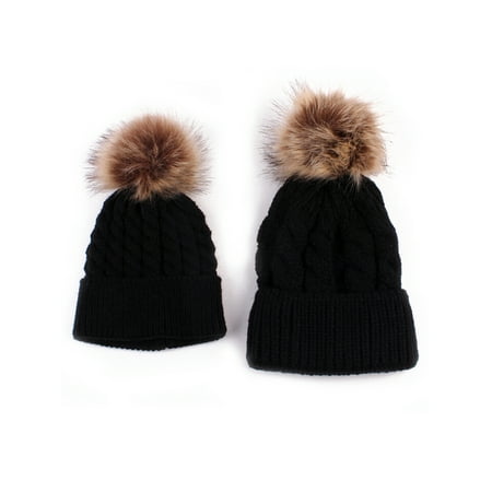 

Gupgi Mother Baby Mom Kids Warm Winter Knit Hat Beanie Fur Pom Hats Crochet Ski Caps Brief Cap
