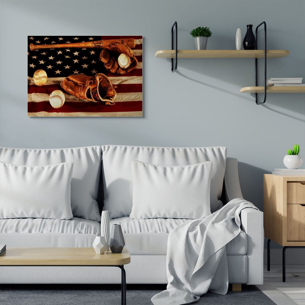 Stupell Industries Vintage American Flag Baseball Sports Rustic Photo Canvas Wall Art by Daniel Sproul