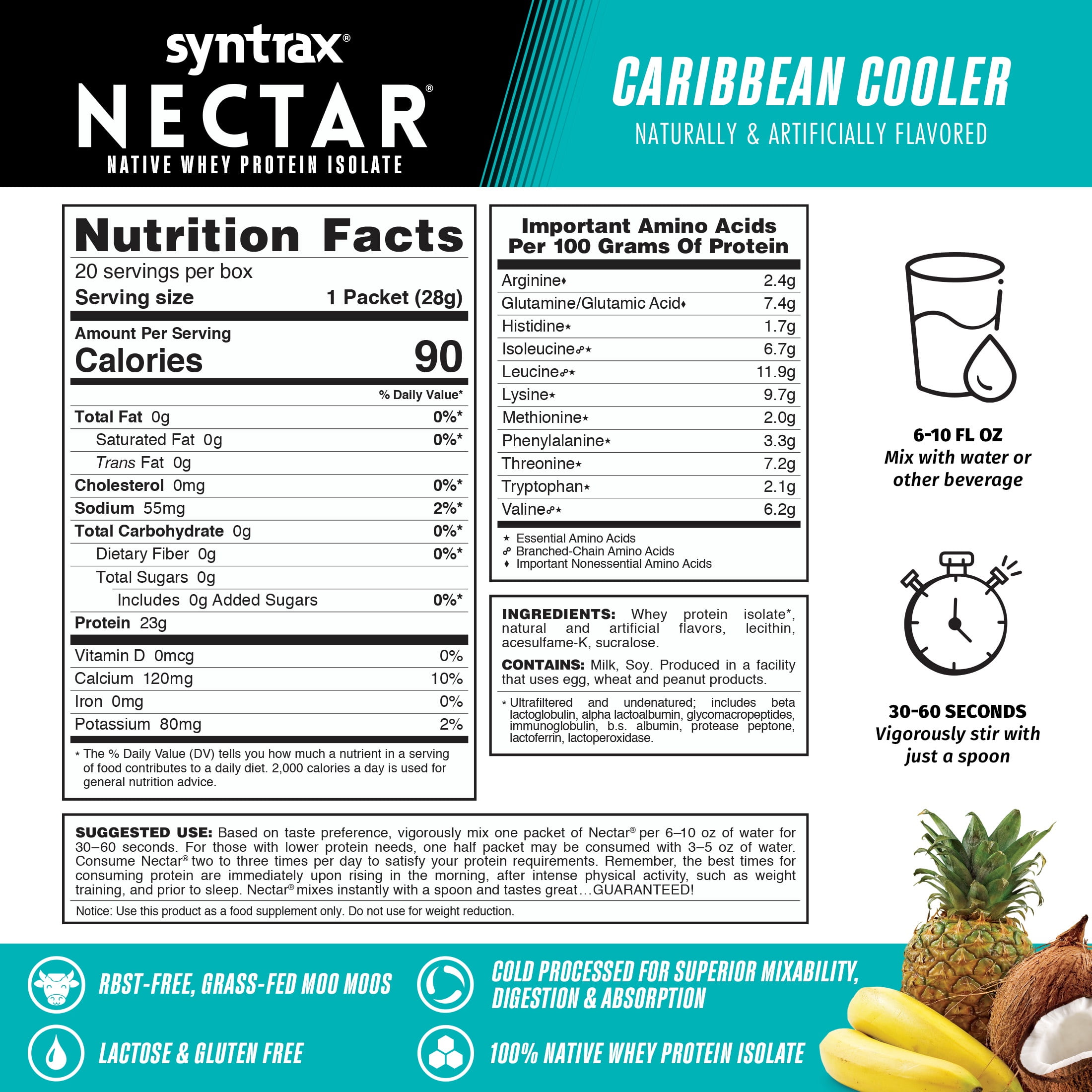 Syntrax Nectar Grab N' Go, 100% Whey Protein Isolate Protein Powder, Caribbean Cooler, 20 Packets (28g/Packet), Refreshing Fruit Juice Flavor