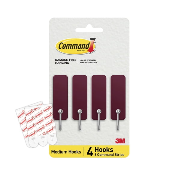 Command Medium Hooks, Black Cherry, Holds 3 lbs, Damage-Free Hanging, 4 Hooks, 6 Adhesive Strips