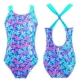 thumbnail image 2 of renvena Kids Girls One Piece Swimsuits Hawaiian Swimwear Beach Bathing Suit Crossback Monokini Size 4-16 A Colorful Floral Blue 10, 2 of 7