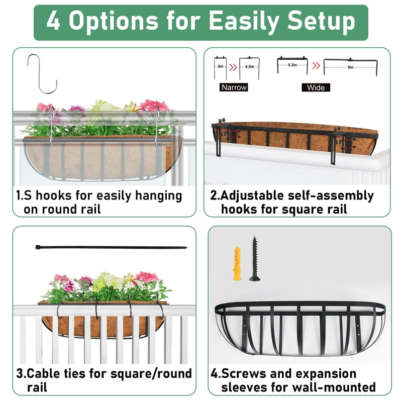 DUNCHATY Window Box Railing Planter 24 Inch with Coco Liner and Brackets, Outdoor Metal Planter for Fence, Porch, Patio, Balcony Garden Decor, Brown