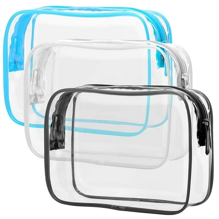 Clear Cosmetic Bag,Clear Makeup Bag with Zipper Travel Clear Toiletry Bag, Beauty Quart Size Bag Carry on Airport Airline Compliant Bag, 3 Pack, Black White Blue