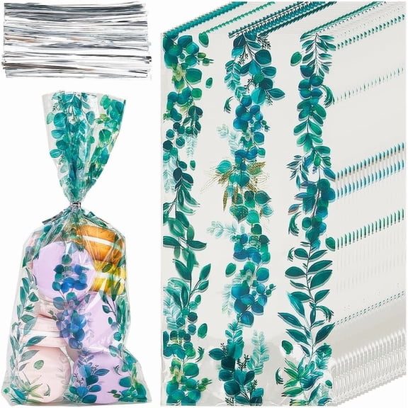 100Pcs Leaves Treat Bags Hawaiian Green Leaf Candy Treat Bags with Twist Ties Clear Cello Goodie Bulk Pouches for Birthday Weddings