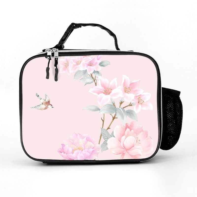 Flower Print Pink Insulated Cooler Back School Lunch Box Picnic Bag Bank Holiday 