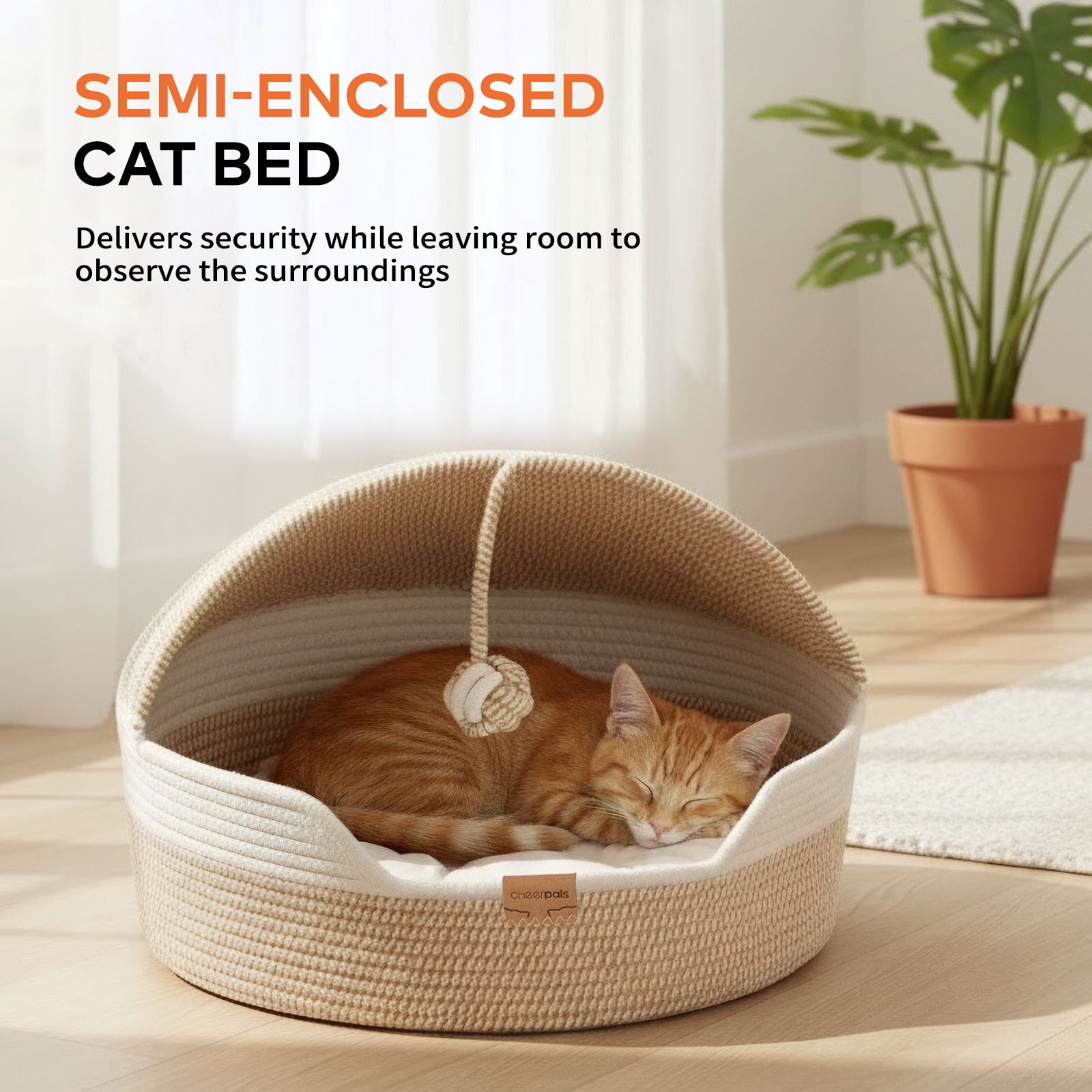 Cheerpals 3-in-1 Cat Bed, Hand-Woven Cat Cave with Washable Cushion & Toy Ball, Durable Cat Scratcher for Year-Round Use