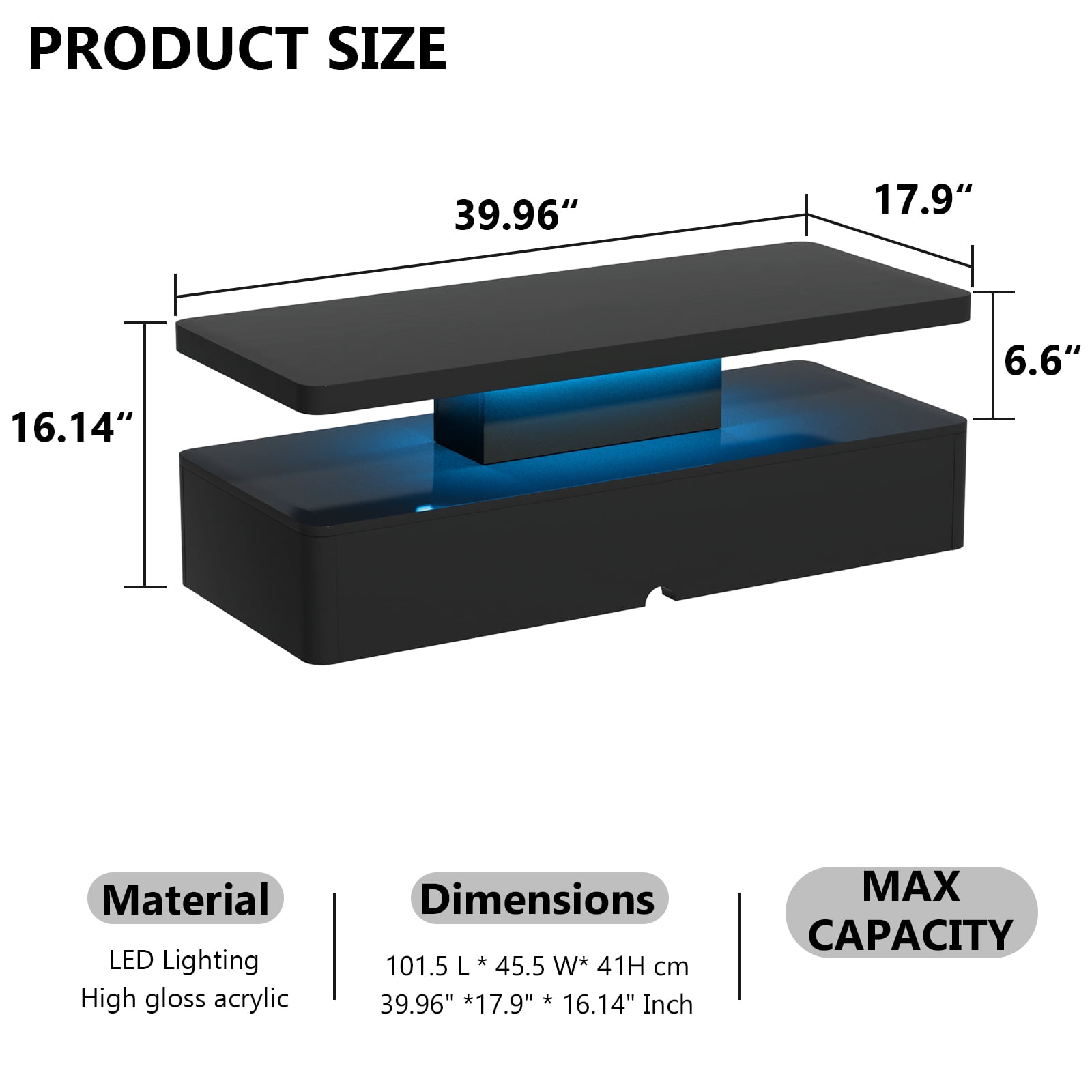Easoger Modern Stylish Coffee Table with 16 Colors LED Lights, Double-Layer Design for Living Room, Black High Gloss Acrylic