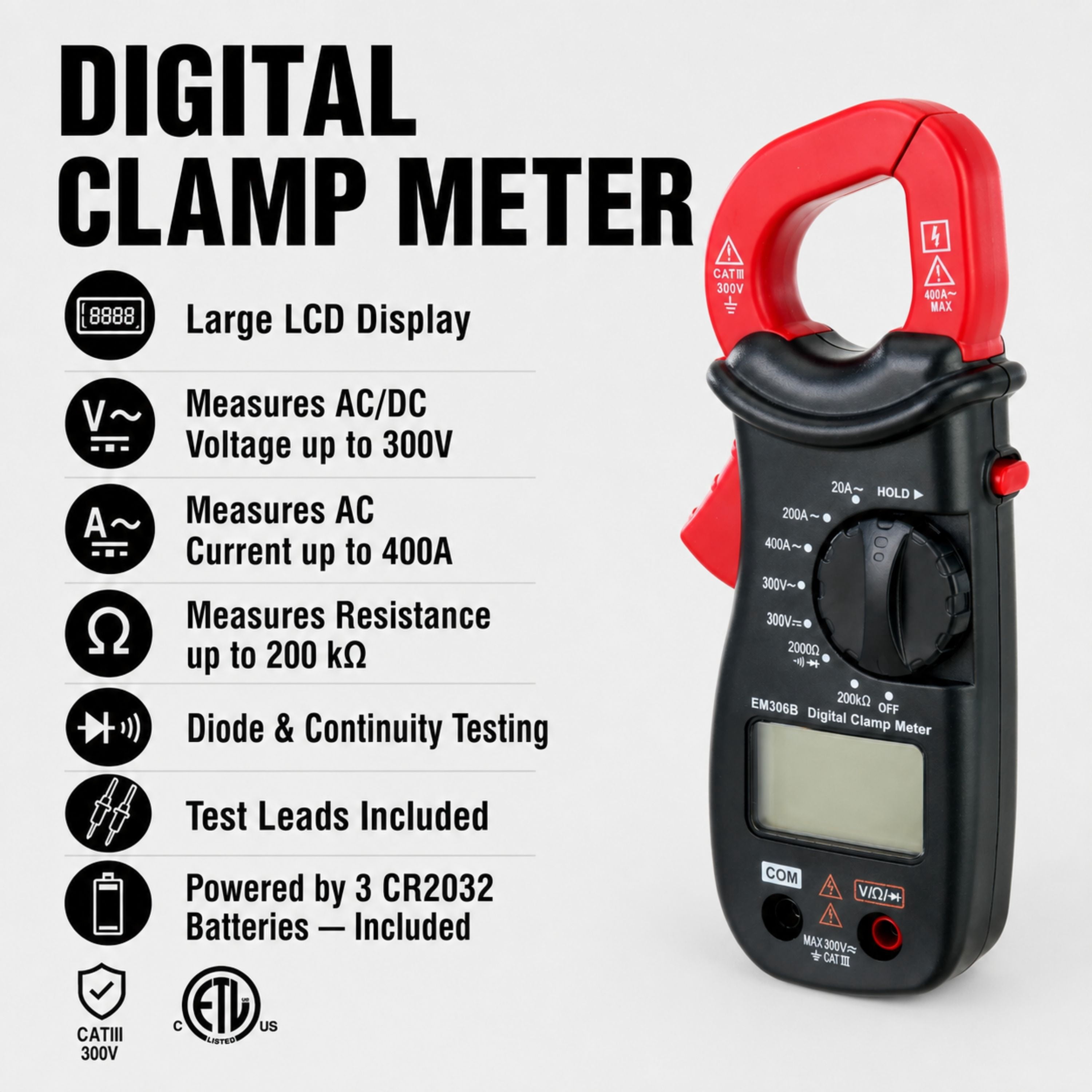 Hyper Tough Digital Clamp Meter, 400A AC Current, 300V AC/DC