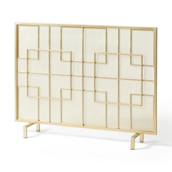 Benjara 31x41 Fireplace Screen, Overlapping Square Design, Classic Gold Iron