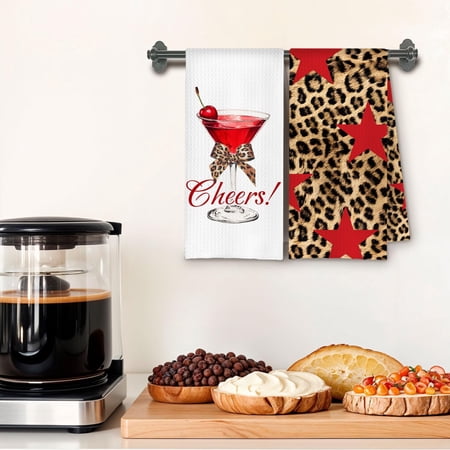 YILOSF-Red Leopard Coquette Bow Cocktail Kitchen Towels Gifts for Cocktail Lovers Dish Tea Towel for Kitchen Bar Cart Funky Y2K Cheetah Print Decorative Hand Towels 16x24 Inches Set of 2