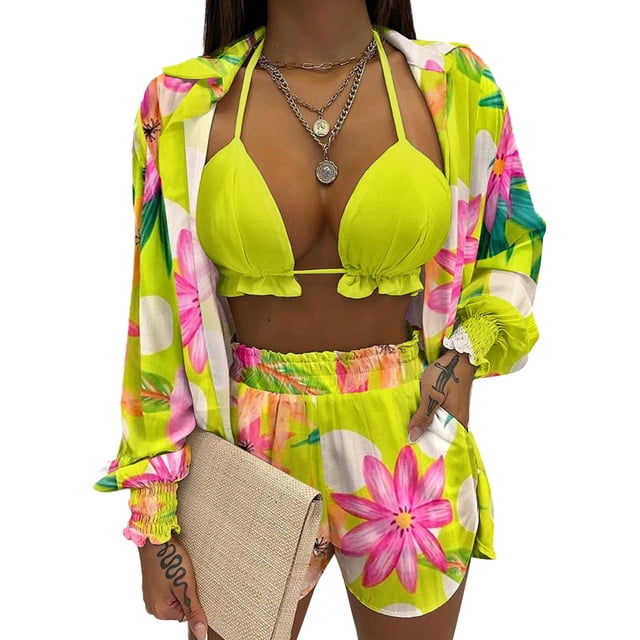 Txlixc Blusa de cuello de solapa de manga larga + pantalones cortos + chaleco de cuello colgante Txlixc moda
