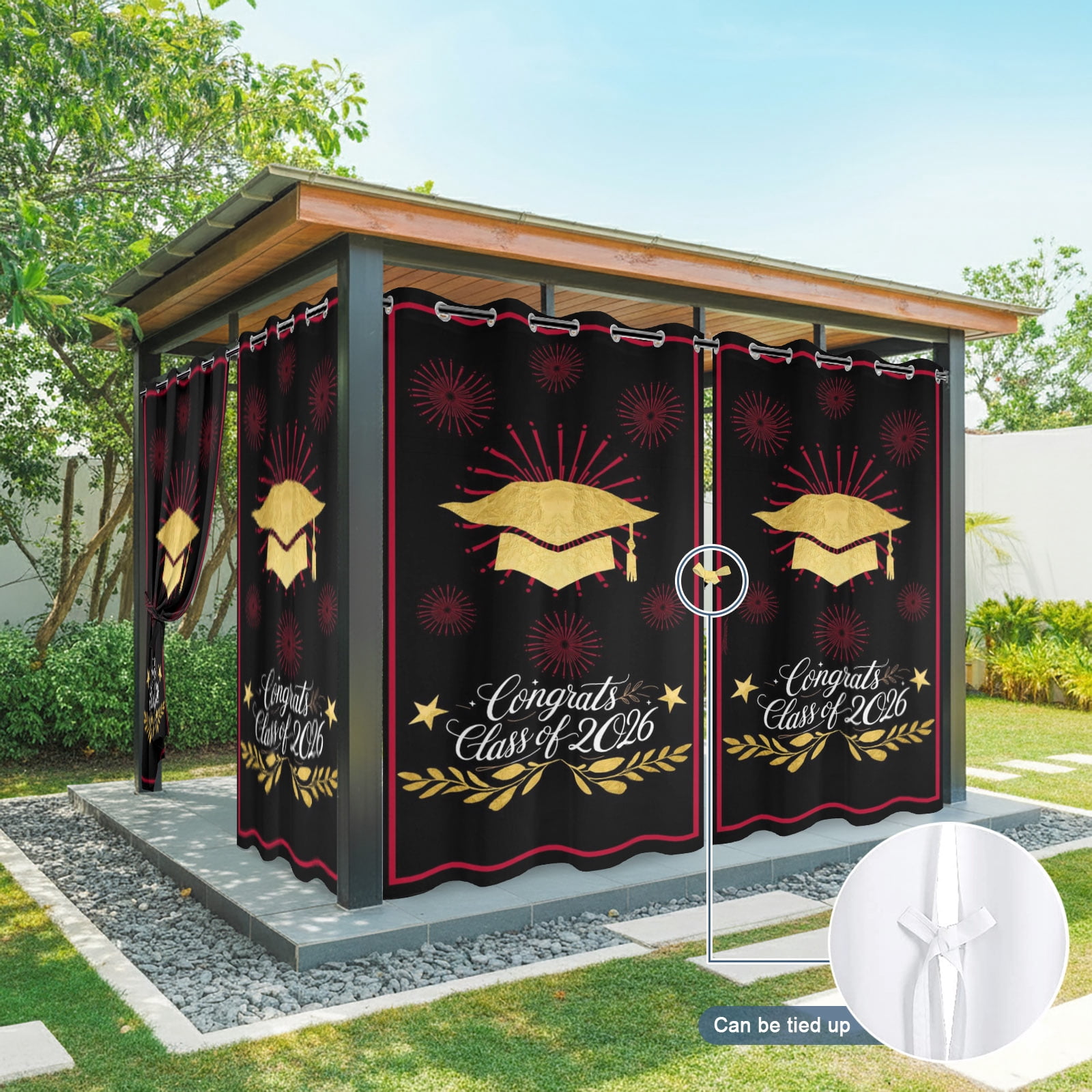 Gold Graduation Cap Outdoor Curtains for Patio, Class of 2026 Black Academic Modern Sunshade Privacy Drapes Grommet Waterproof Outside Curtains for Porch/Cabana/Balcony 54"x 108", 2 Panel