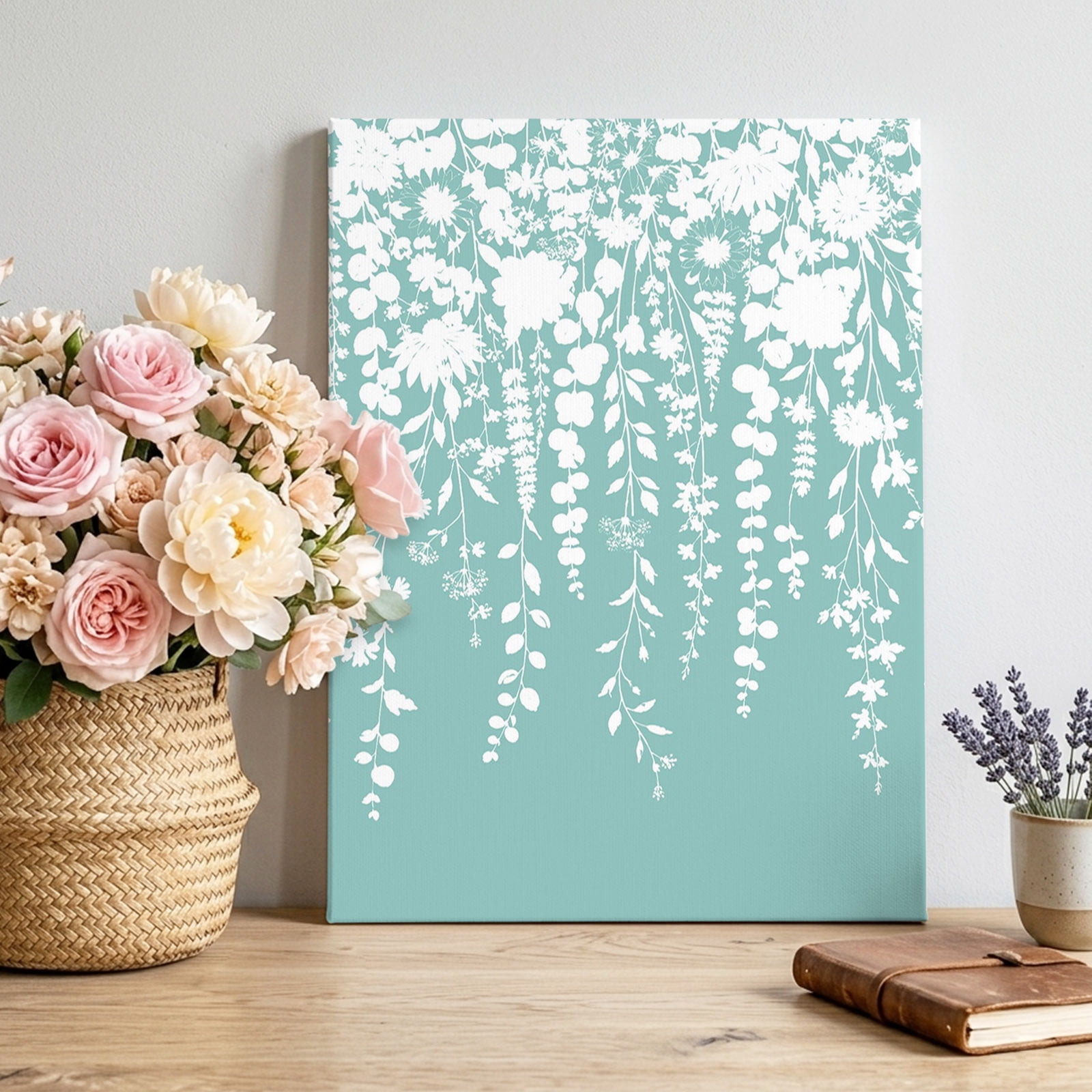 Wildflowers Canvas Wall Art for Living Room 10 L x 8 W Summer Minimalist Leaves Floral Mint Green Poster Print Painting for Desk Vanity Narrow Stair Wall Decoration Wall Pictures Prepare To Hang