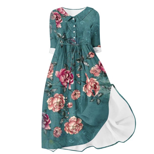 Vestido de Verano para Mujeres Impreso Cuello de Vuelta de Manga de Tres Cuartos, Estilo de Ocio de Moda para Ocasional, Fiesta Y Vacaciones