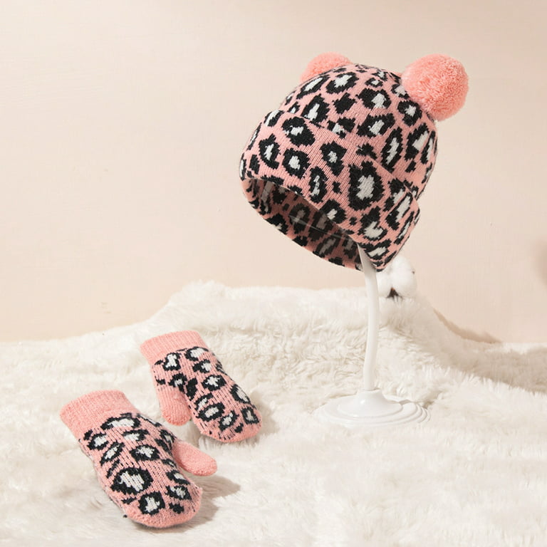 XYIYI Kids Soft Cheetah Knit Beanie Hat with Leopard Pattern and Fur Pom for Boys Girls