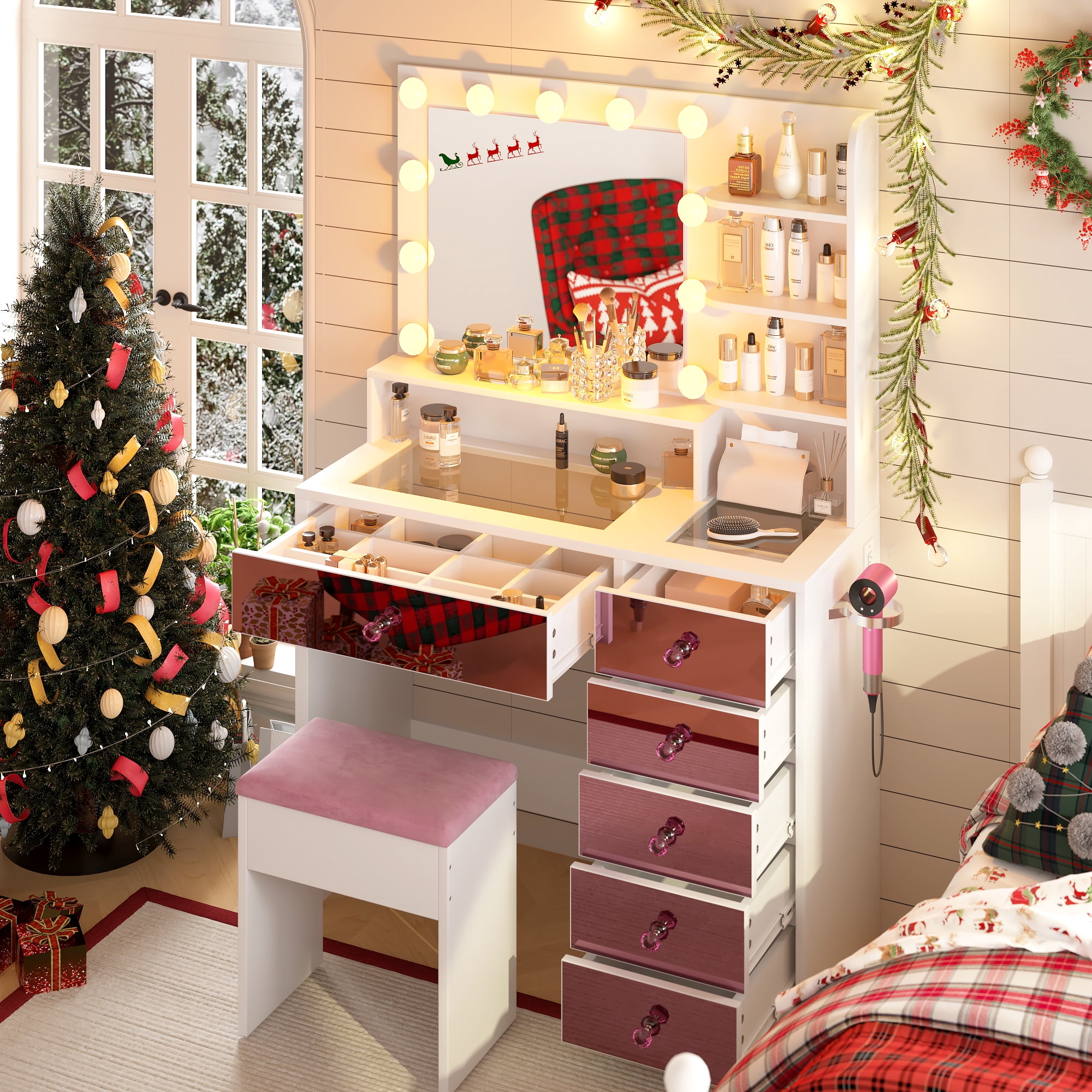 Mintazer Vanity Set with Hollywood Bulbs and Mirror, Dressing Table with 6 Drawers & Shelves and Cushioned Stool, Makeup Vanity Desk for Bedroom, Pink