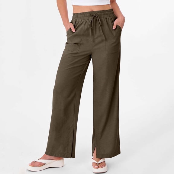 Juslio Womens Sweat Pants Elastic Waist Side Opening Linen High Waist Casual,with Pockets Straight Leg Pants L