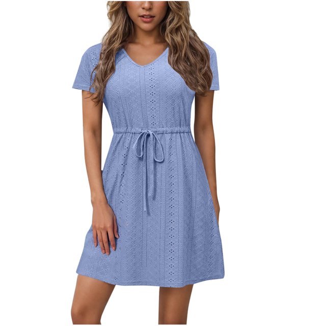 Dvprdro Robe d'Été Décontractée Unie à Manches Courtes pour Femme, Mode Élégante, Col en V, à Nouer, Robe Courte de Plage et Soleil