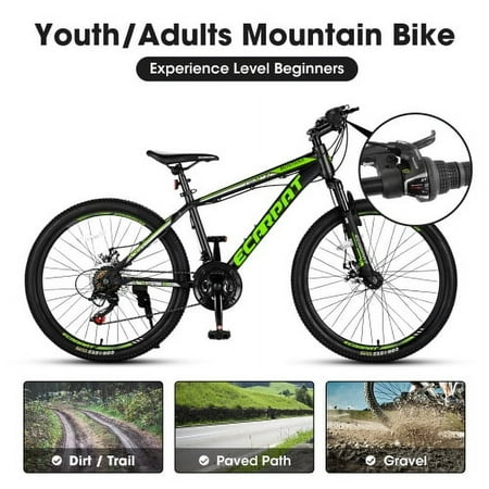 ACE-BIKE,1-YEAR-WARRANTY,24 Inch Unisex Mountain Bike Bicycle for Youth & Adults,Shimano 21 Speeds with Dual Disc Brakes,Aluminum Frame,Suspension Fork(Black+Green)