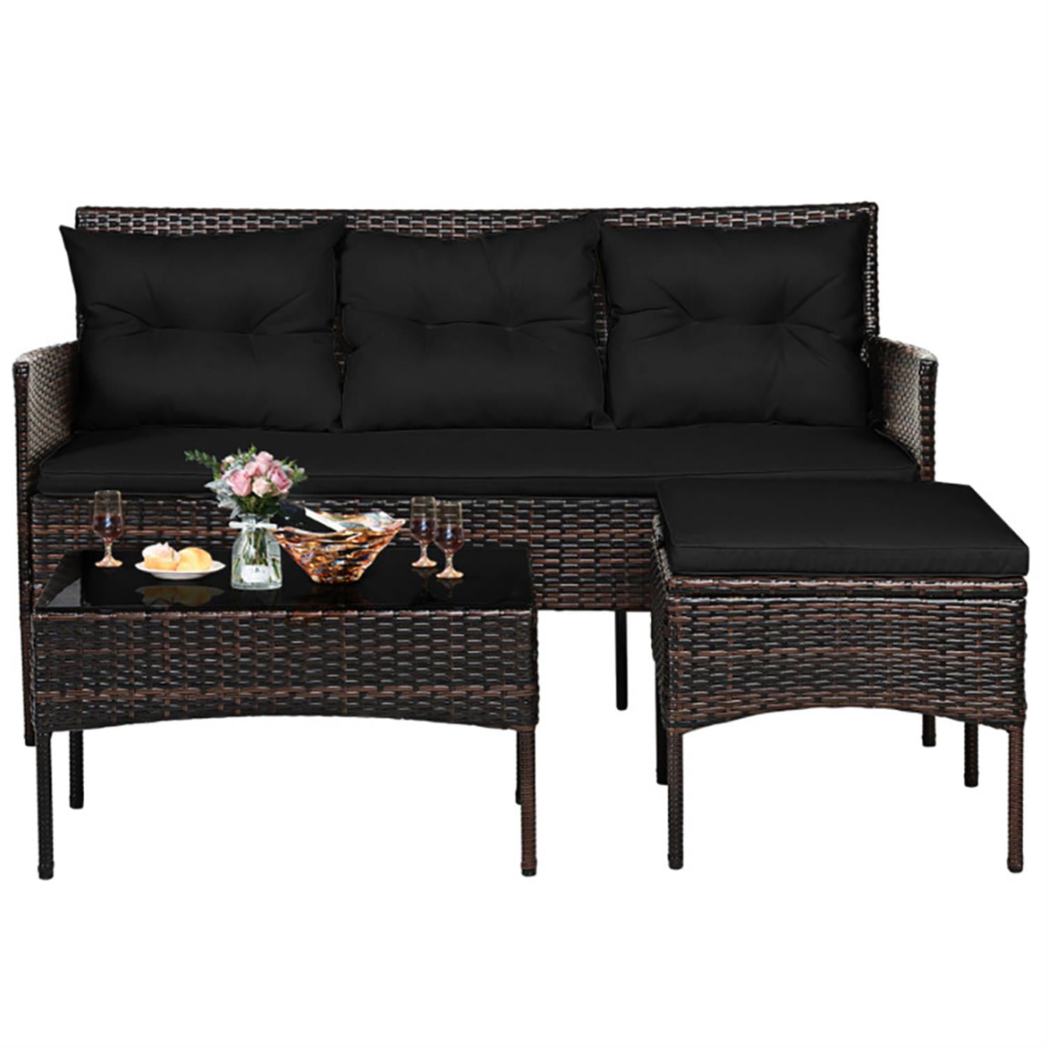 Demi Bonn 3 Pieces Patio Rattan Sectional Loveseat with Tempered Glass Table and Soft Cushions, Patio Furniture Sets with Cushions for Yard, Garden, Balcony, Black